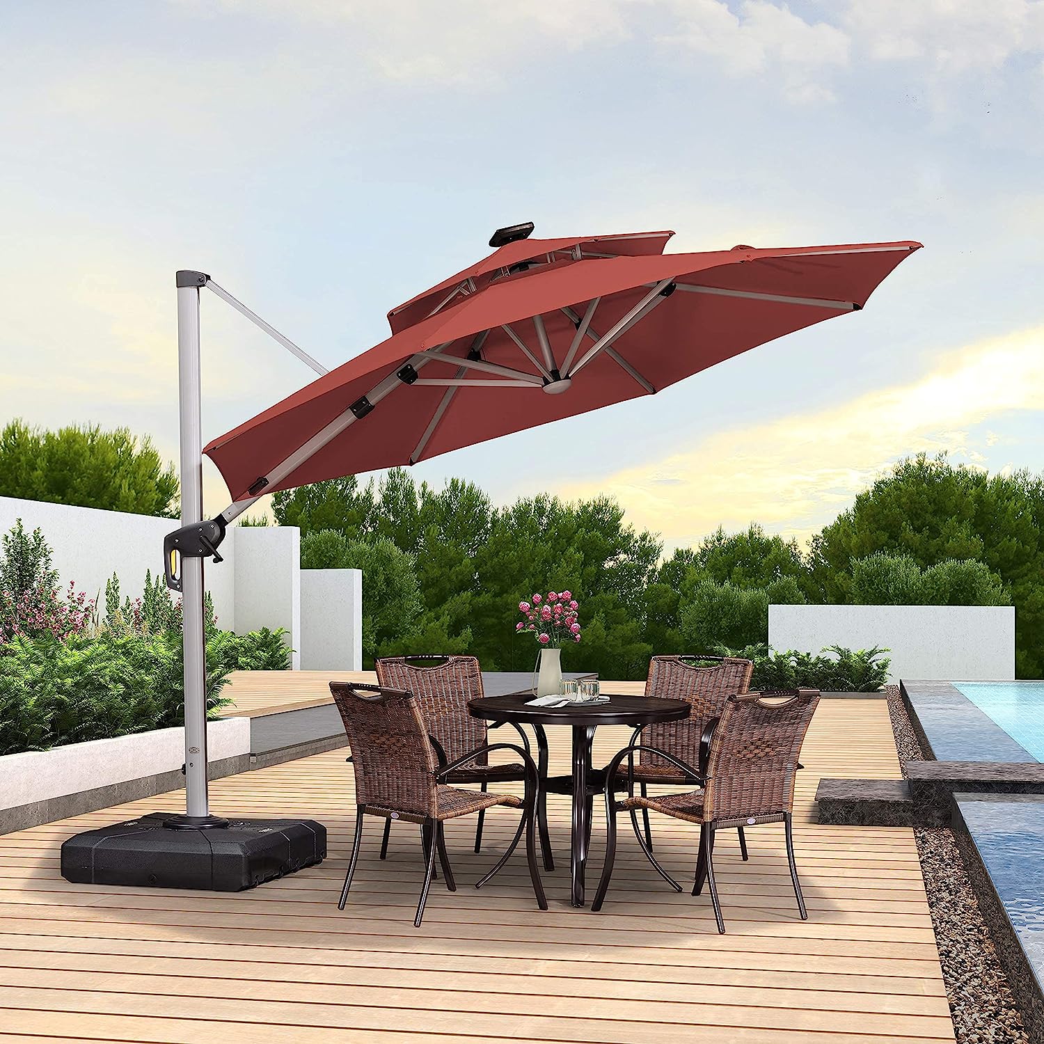 12ft Solar LED Patio Umbrella Outdoor Round Umbrella Large Cantilever Umbrella with LED Lights Windproof Bias Umbrella Heavy Duty Parasol for Garden Deck Pool Patio